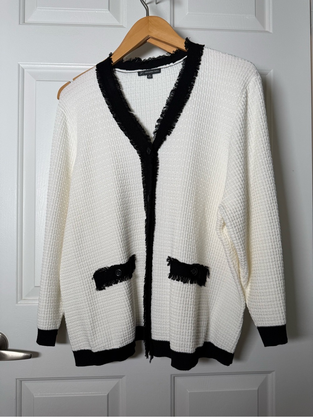 Adrianna Papell White Cardigan with Black Contrast Trim